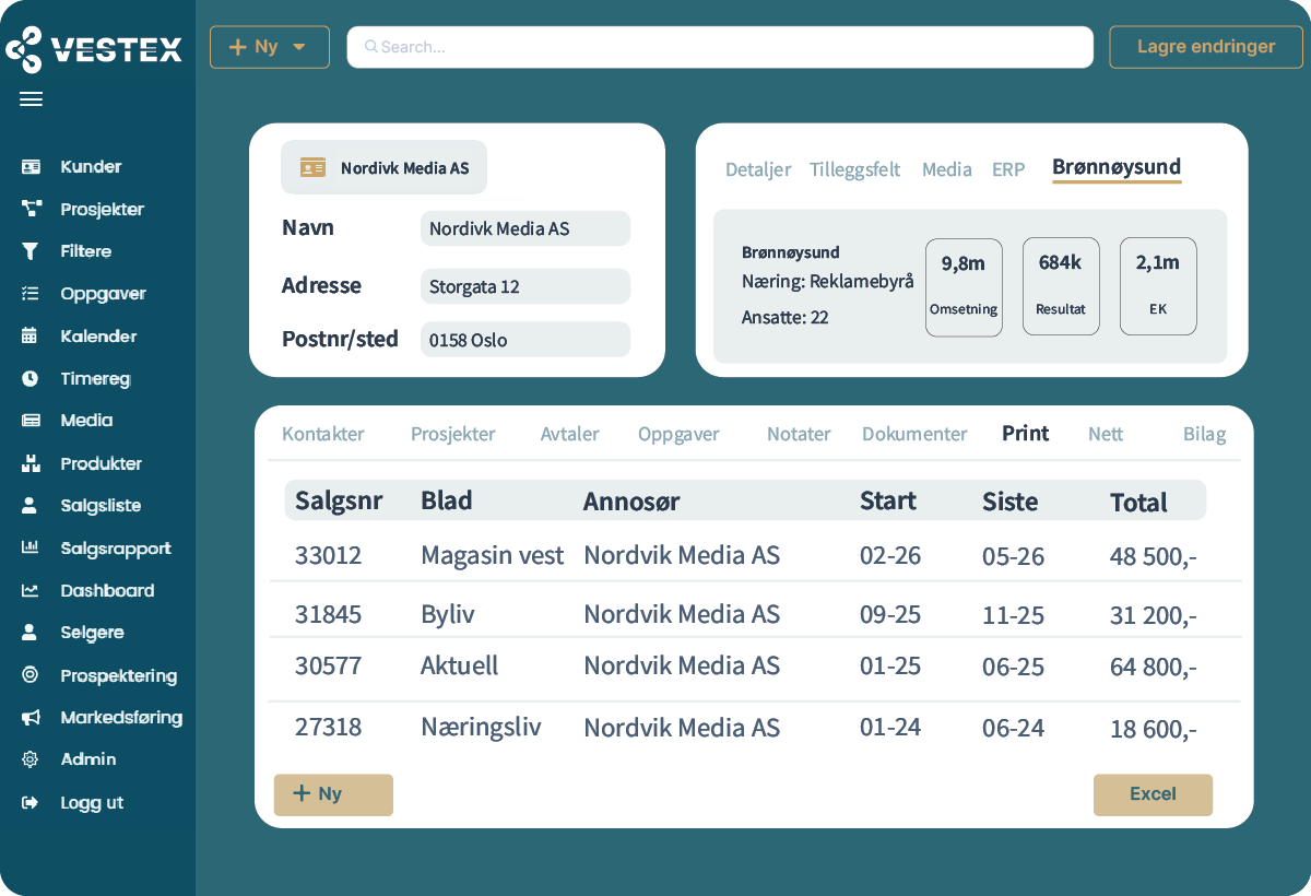 Forenklet skjermbilde av kundekort med Mediabooking-faner for Print, Nett og Bilag