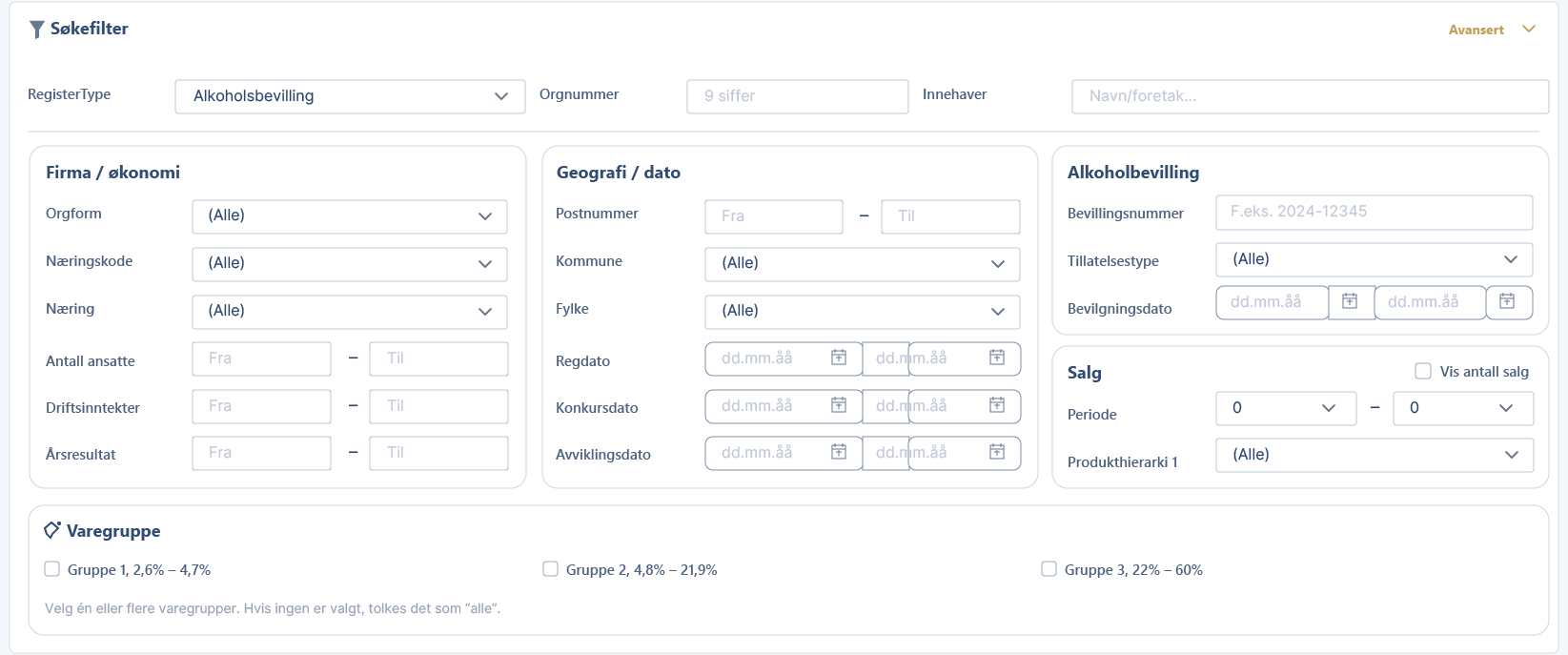 Detaljert filter for kunder, produkter og salg i Vestex CRM